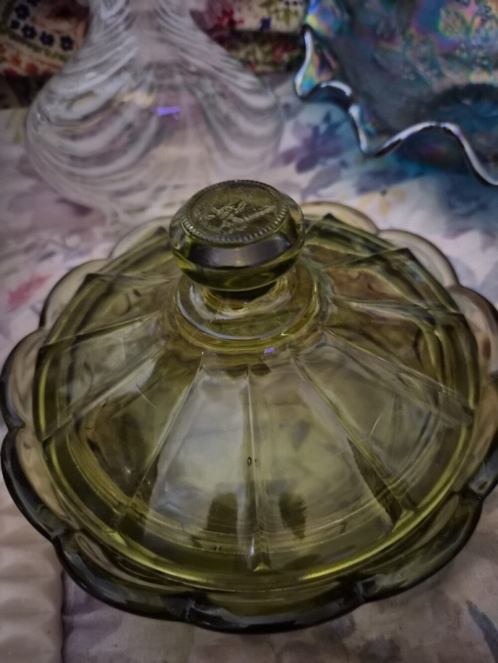 Vintage Fistoria Olive Green Covered Candy Dish with A Coin pattern has Small